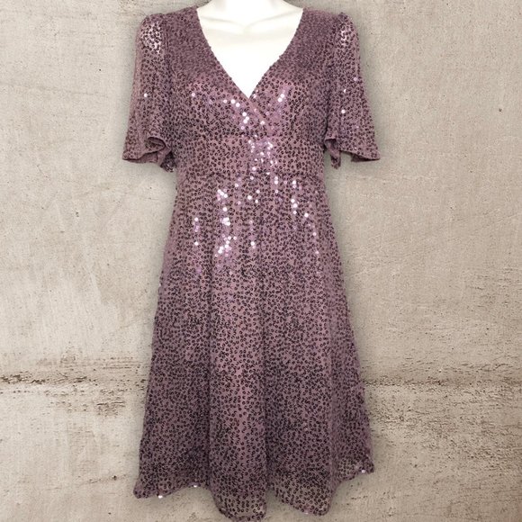 Betsey Johnson Dresses & Skirts - Betsey Johnson Evening Purple Sequin Mini Dress Size 8 Back Tie Sheer Sleeves